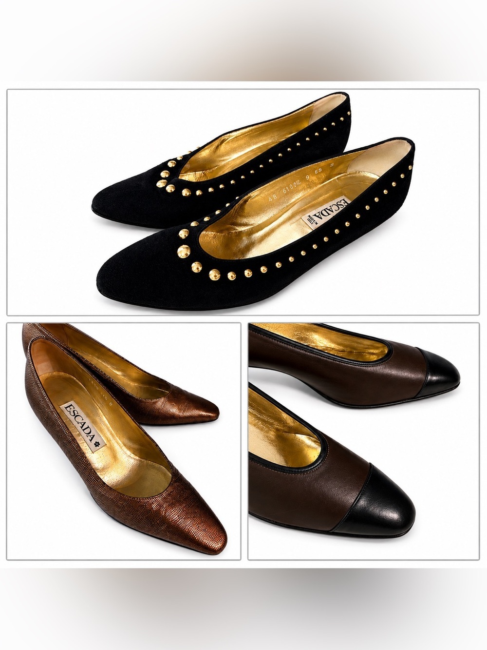 3 pairs Escada vintage heels. Need new heel tips. Two are 9.5, black studded- 9